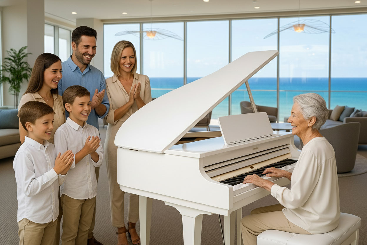 family enjoying around roland GP-6 grand piano
