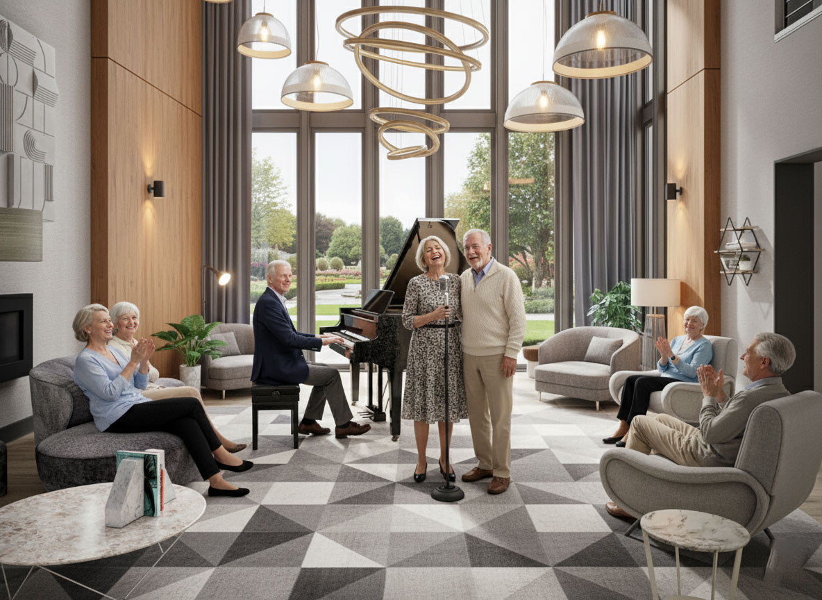 elderly person playing piano and people enjoy singing along